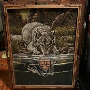 Wolf Reflection vintage velvet painting